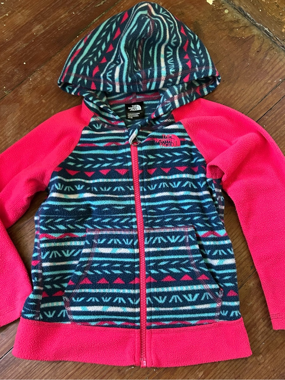 The North Face Girls' Pink and Teal Patterned Hooded Fleece Zip Jacket